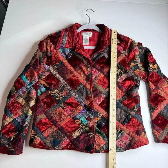 Coldwater Velvet Patchwork Jacket Sz‎ M Petite Red Quilted Cottage Blazer Dressy - Picture 8 of 10